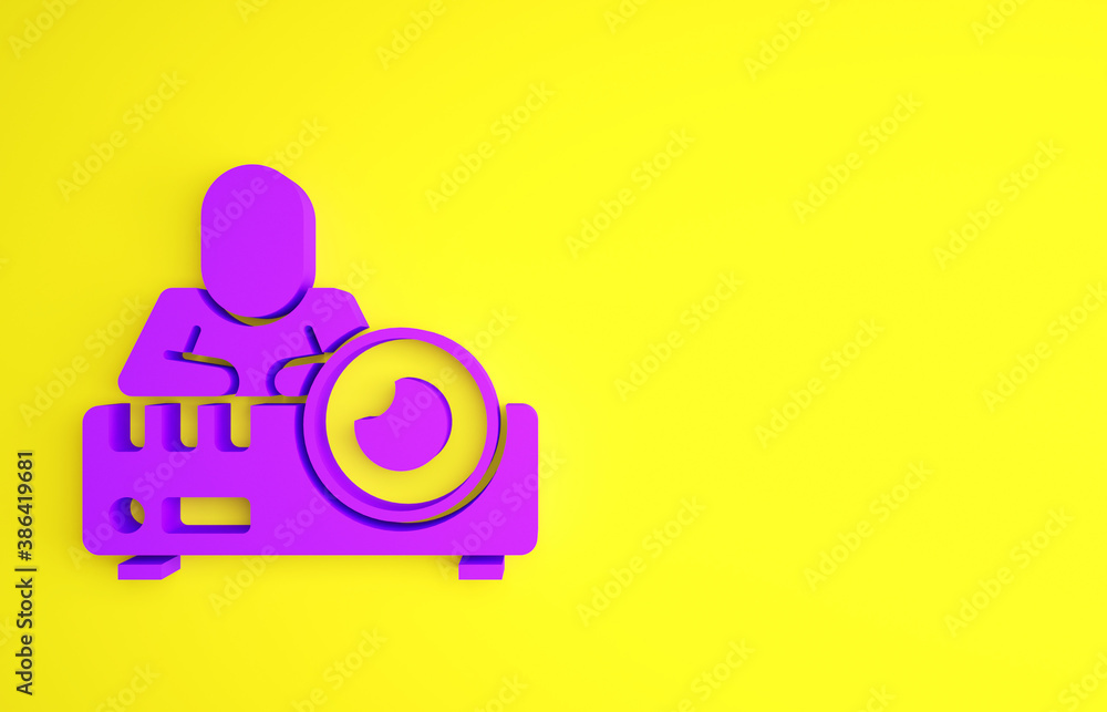 Purple Presentation, movie, film, media projector icon isolated on yellow background. Minimalism con