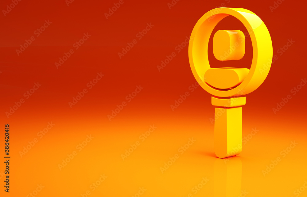 Yellow Magnifying glass for search a people icon isolated on orange background. Recruitment or selec