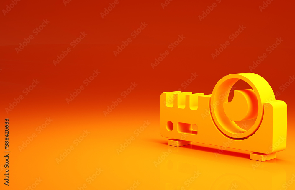 Yellow Presentation, movie, film, media projector icon isolated on orange background. Minimalism con