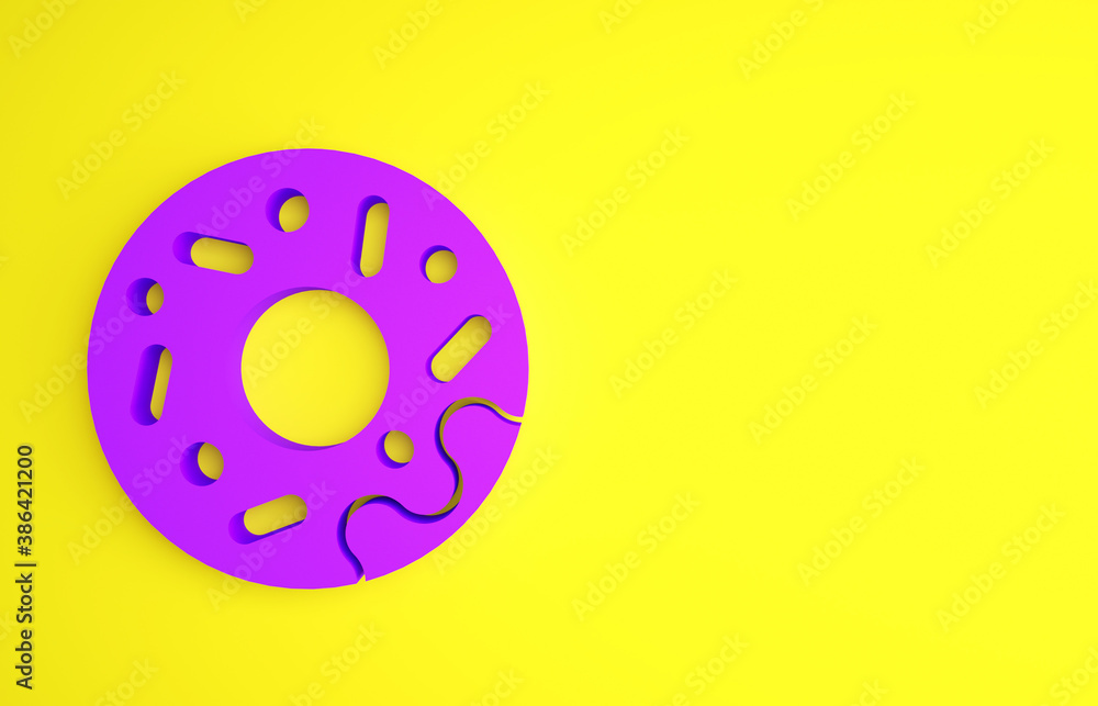 Purple Donut with sweet glaze icon isolated on yellow background. Minimalism concept. 3d illustratio