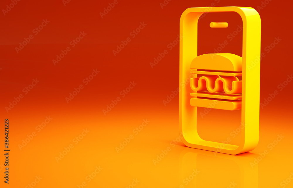 Yellow Online ordering and fast food delivery icon isolated on orange background. Burger sign. Minim