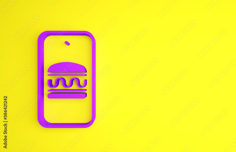 Purple Online ordering and fast food delivery icon isolated on yellow background. Burger sign. Minim