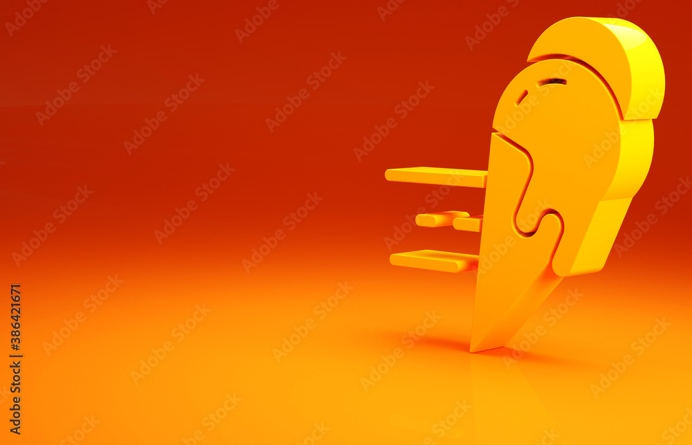 Yellow Online ordering and ice cream in waffle cone icon isolated on orange background. Sweet symbol