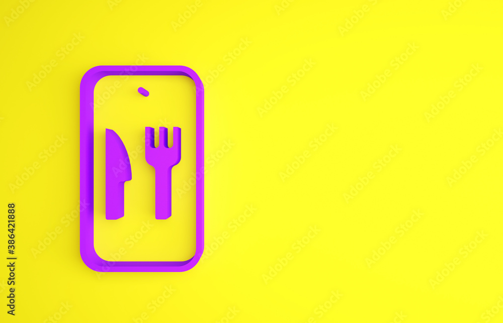 Purple Online ordering and fast food delivery icon isolated on yellow background. Burger sign. Minim