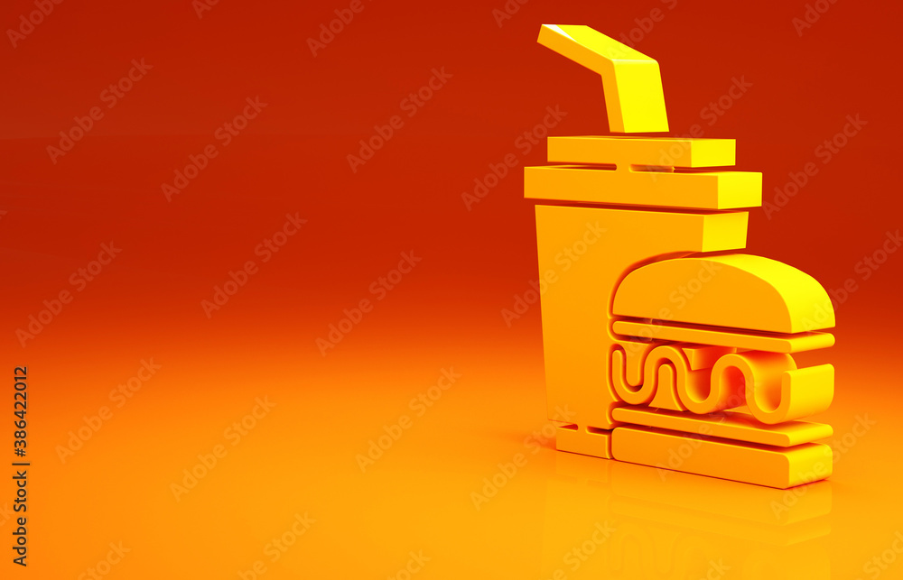 Yellow Paper glass with drinking straw and burger icon isolated on orange background. Soda aqua drin