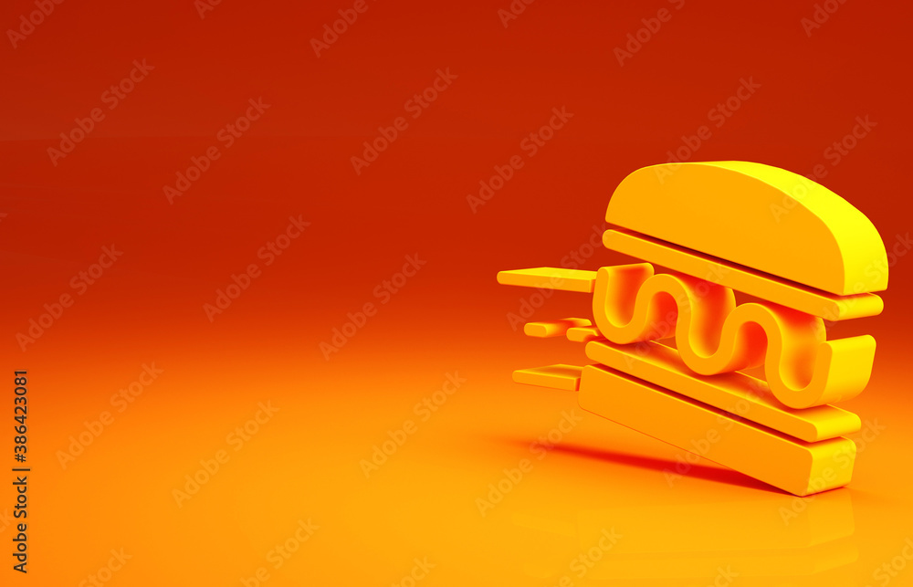 Yellow Online ordering and burger delivery icon isolated on orange background. Minimalism concept. 3