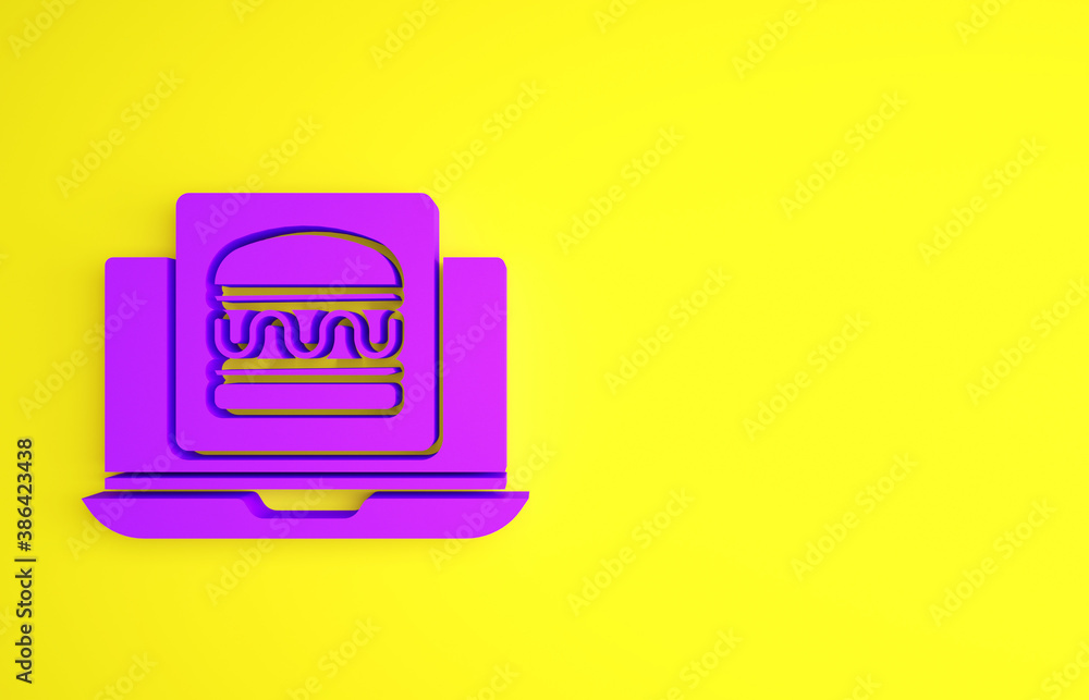 Purple Online ordering and burger delivery icon isolated on yellow background. Minimalism concept. 3