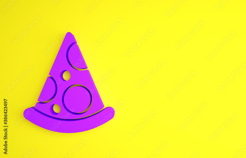 Purple Slice of pizza icon isolated on yellow background. Fast food menu. Minimalism concept. 3d ill