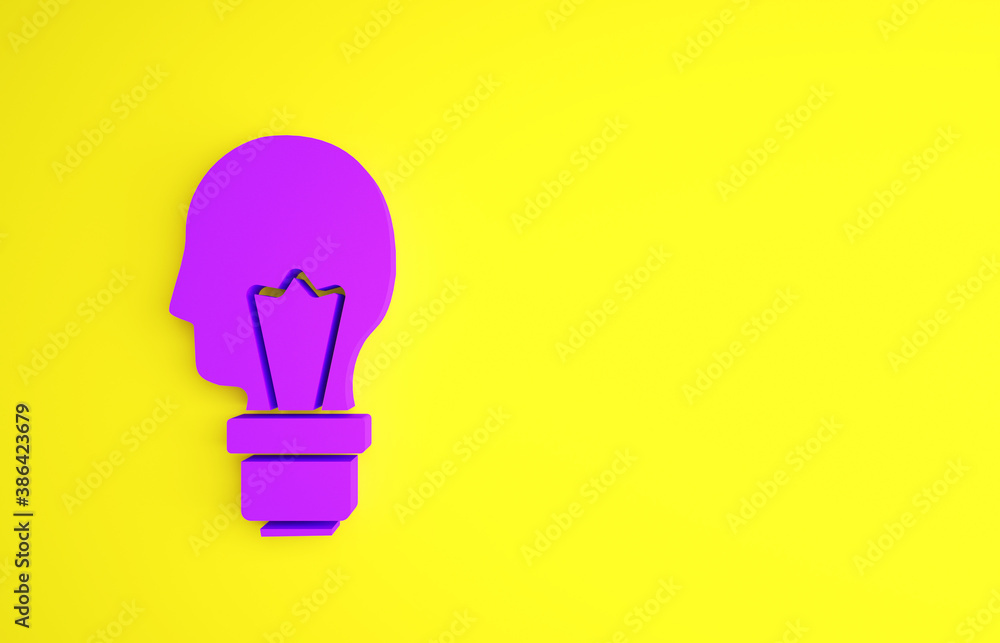 Purple Light bulb with concept of idea icon isolated on yellow background. Energy and idea symbol. I