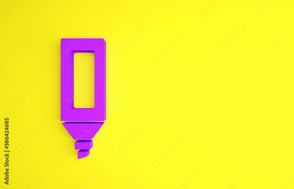 Purple Marker pen icon isolated on yellow background. Minimalism concept. 3d illustration 3D render.