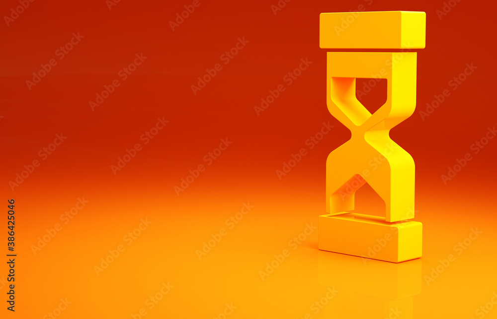 Yellow Old hourglass with flowing sand icon isolated on orange background. Sand clock sign. Business