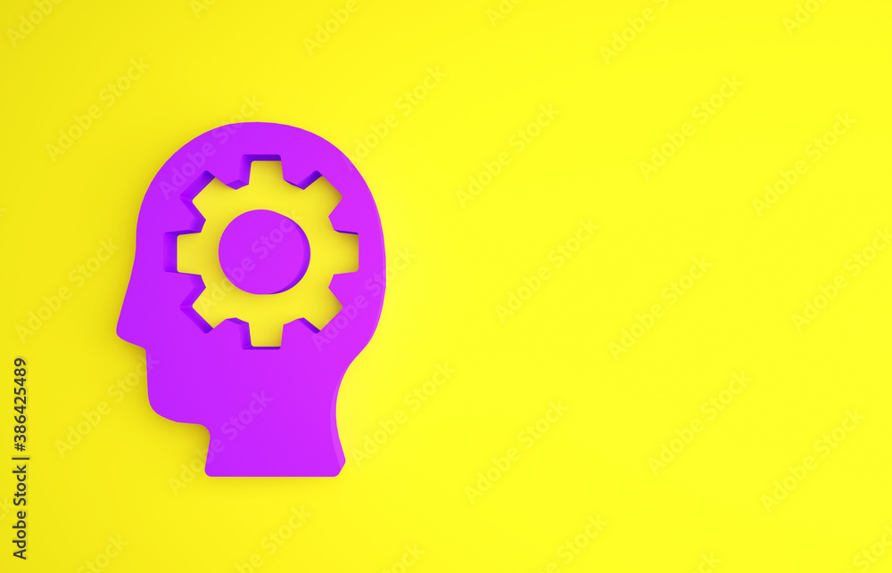 Purple Human head with gear inside icon isolated on yellow background. Artificial intelligence. Thin