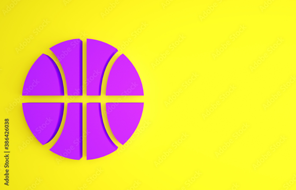 Purple Basketball ball icon isolated on yellow background. Sport symbol. Minimalism concept. 3d illu