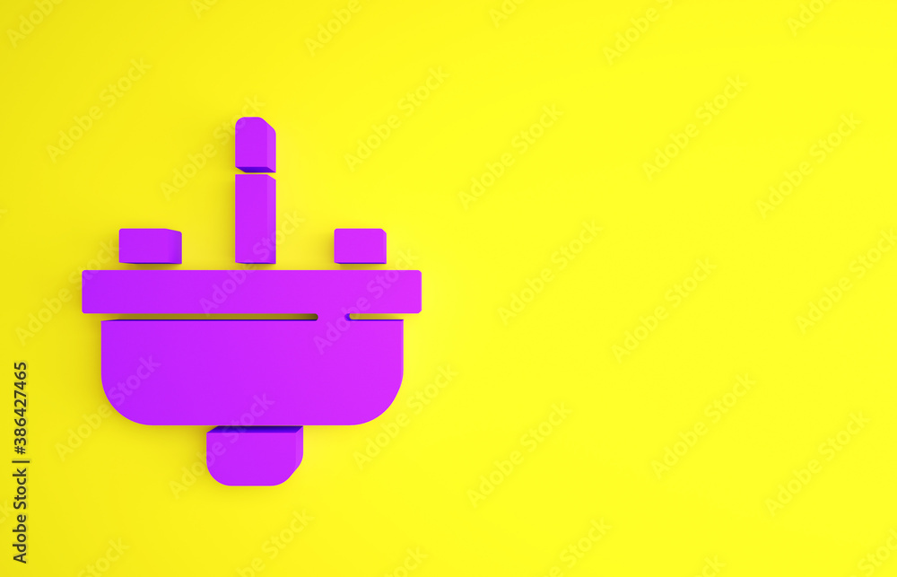 Purple Washbasin with water tap icon isolated on yellow background. Minimalism concept. 3d illustrat