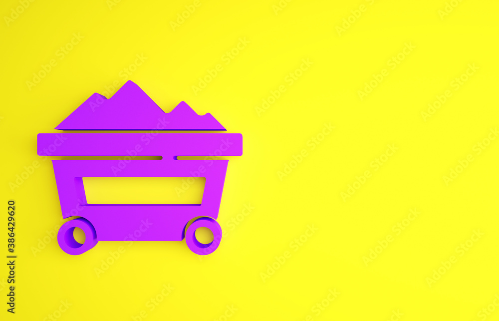 Purple Coal mine trolley icon isolated on yellow background. Factory coal mine trolley. Minimalism c