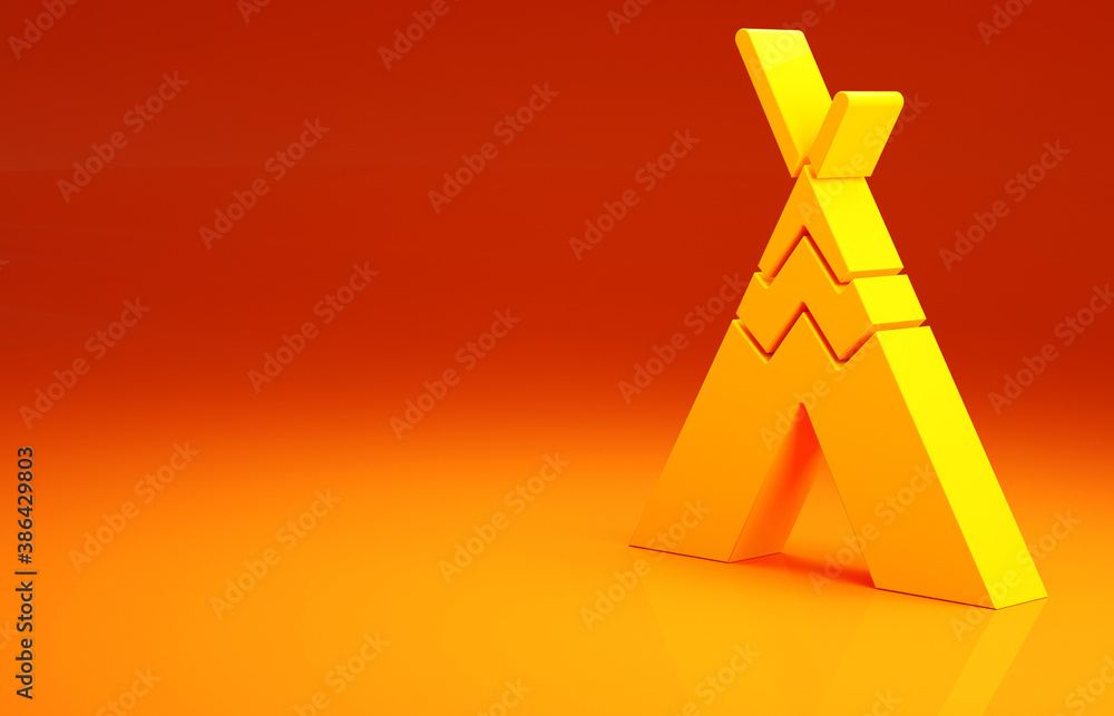 Yellow Traditional indian teepee or wigwam icon isolated on orange background. Indian tent. Minimali