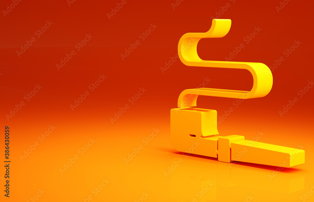 Yellow Native American indian smoking pipe icon isolated on orange background. Minimalism concept. 3