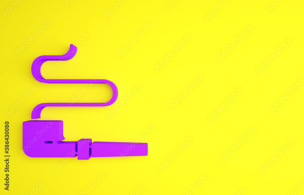 Purple Native American indian smoking pipe icon isolated on yellow background. Minimalism concept. 3