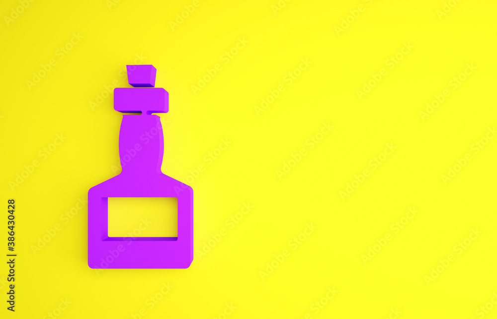 Purple Tabasco sauce icon isolated on yellow background. Chili cayenne spicy pepper sauce. Minimalis