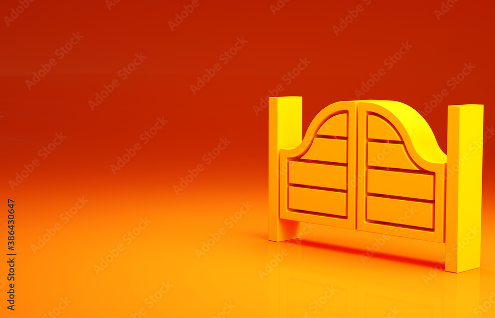 Yellow Old western swinging saloon door icon isolated on orange background. Minimalism concept. 3d i