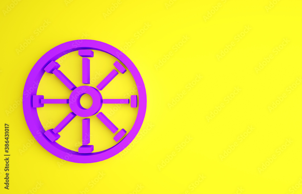 Purple Old wooden wheel icon isolated on yellow background. Minimalism concept. 3d illustration 3D r