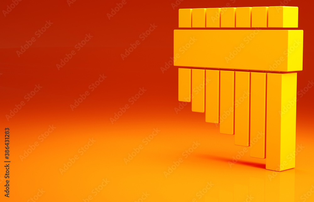 Yellow Pan flute icon isolated on orange background. Traditional peruvian musical instrument. Zampon