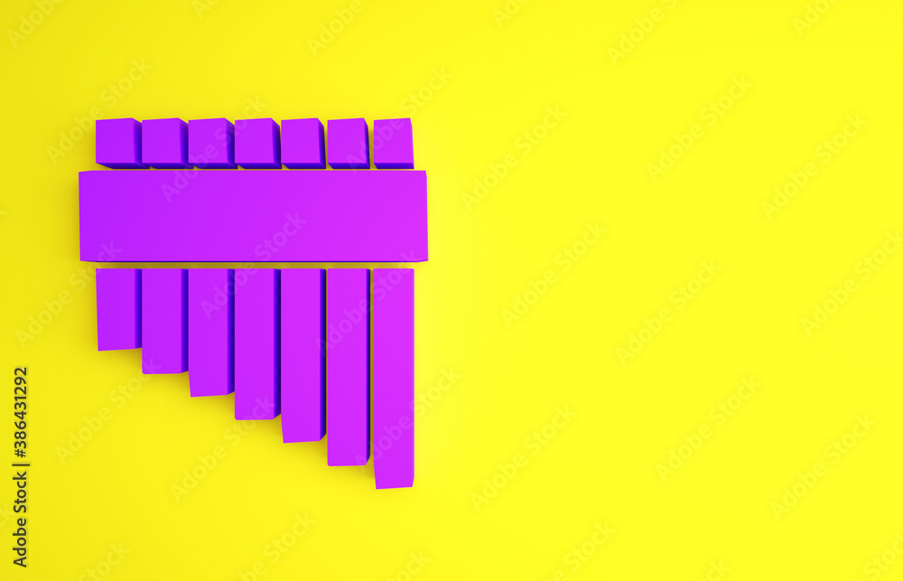 Purple Pan flute icon isolated on yellow background. Traditional peruvian musical instrument. Zampon