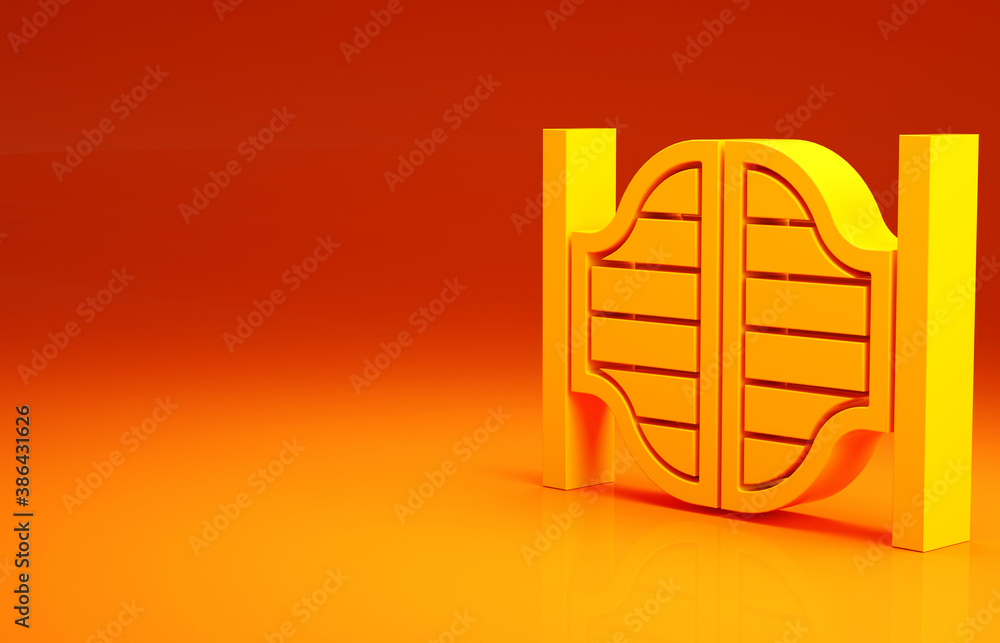 Yellow Old western swinging saloon door icon isolated on orange background. Minimalism concept. 3d i