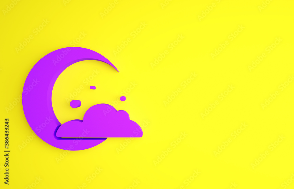 Purple Moon and stars icon isolated on yellow background. Cloudy night sign. Sleep dreams symbol. Ni