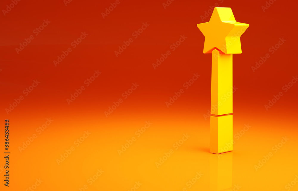 Yellow Magic wand icon isolated on orange background. Star shape magic accessory. Magical power. Min