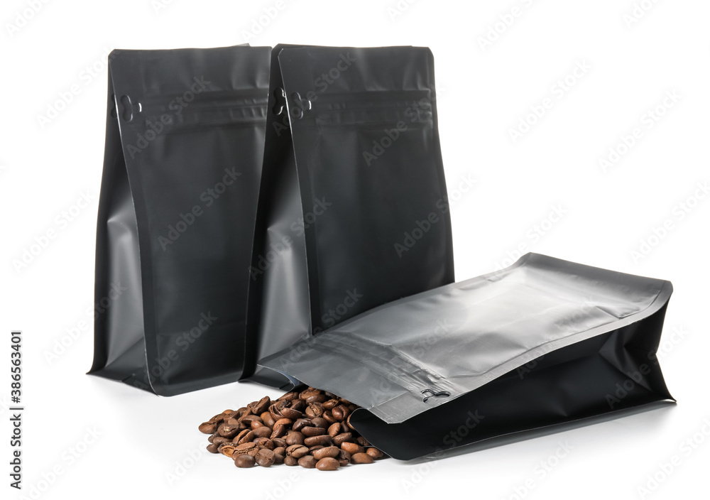 Blank coffee bags on white background