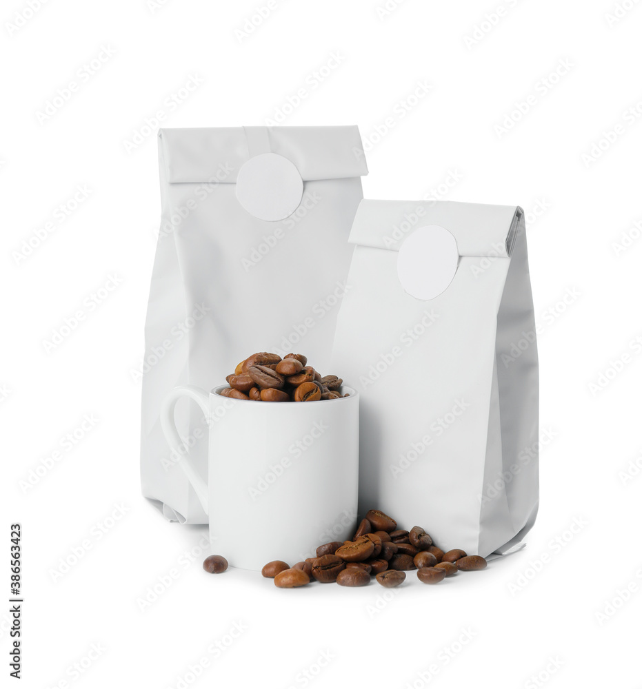 Blank coffee bags and cup on white background