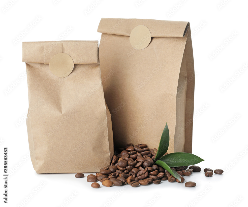 Blank coffee bags on white background