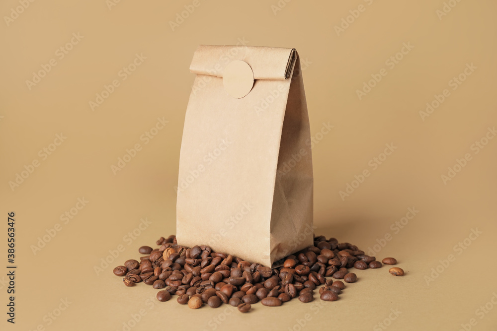 Blank coffee bag on color background