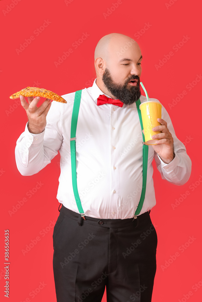 Overweight man with pizza and cola on color background