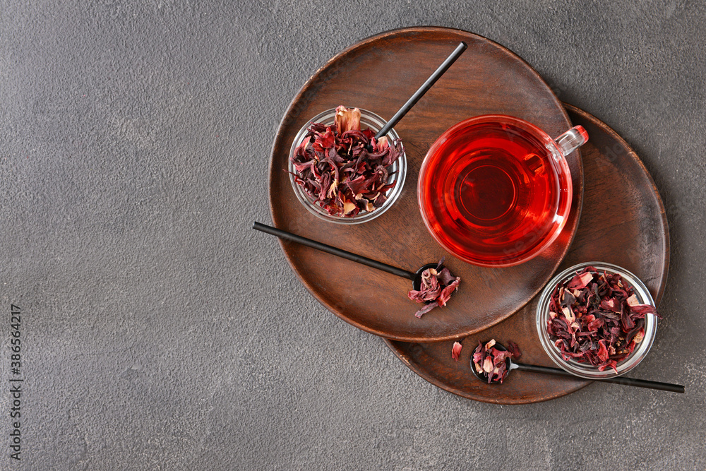 Composition with hibiscus tea on table