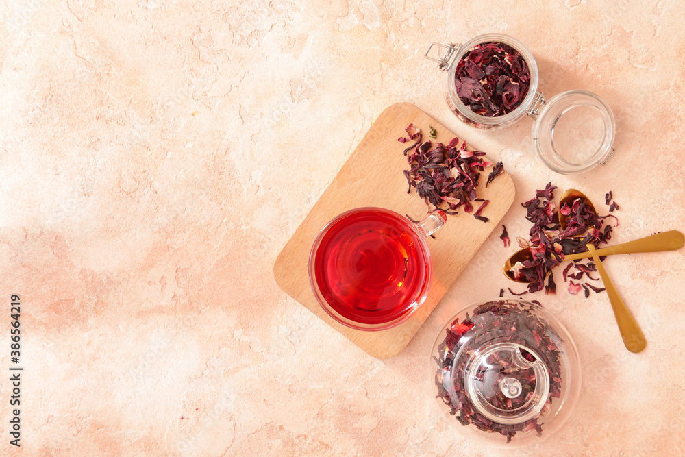 Composition with hibiscus tea on table