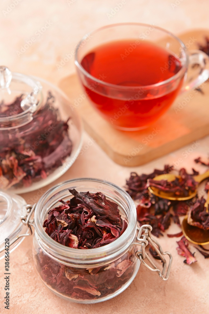 Composition with hibiscus tea on table