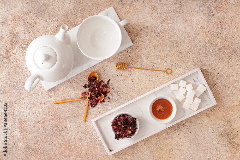 Composition with hibiscus tea on table