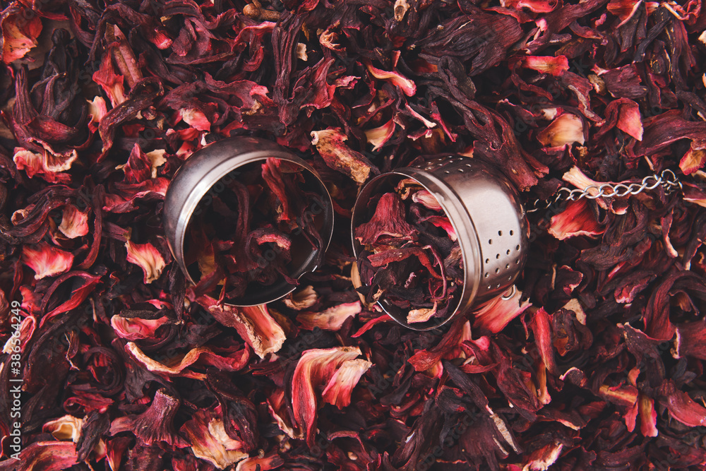 Strainer on dry hibiscus tea