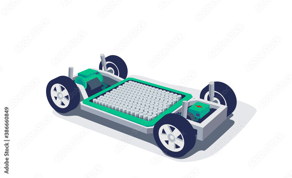 Electric car chassis with high energy battery cells pack modular platform. Skateboard module board. 