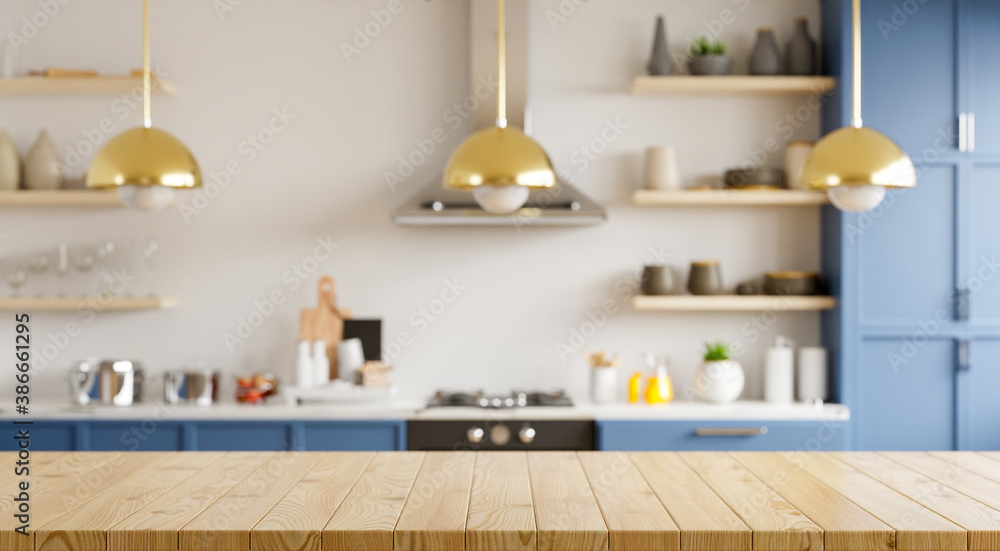 Empty wooden table and blurred kitchen white wall background/Wood table top on blur kitchen counter.