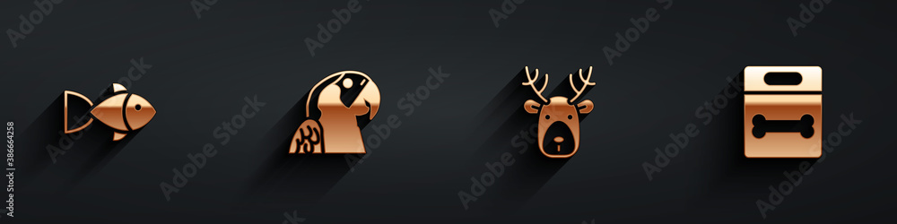 Set Fish, Macaw parrot, Deer head with antlers and Dog bone icon with long shadow. Vector.