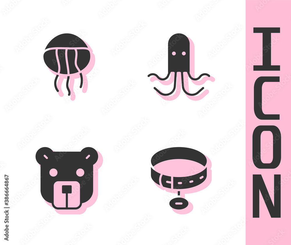 Set Collar with name tag, Jellyfish, Bear head and Octopus icon. Vector.