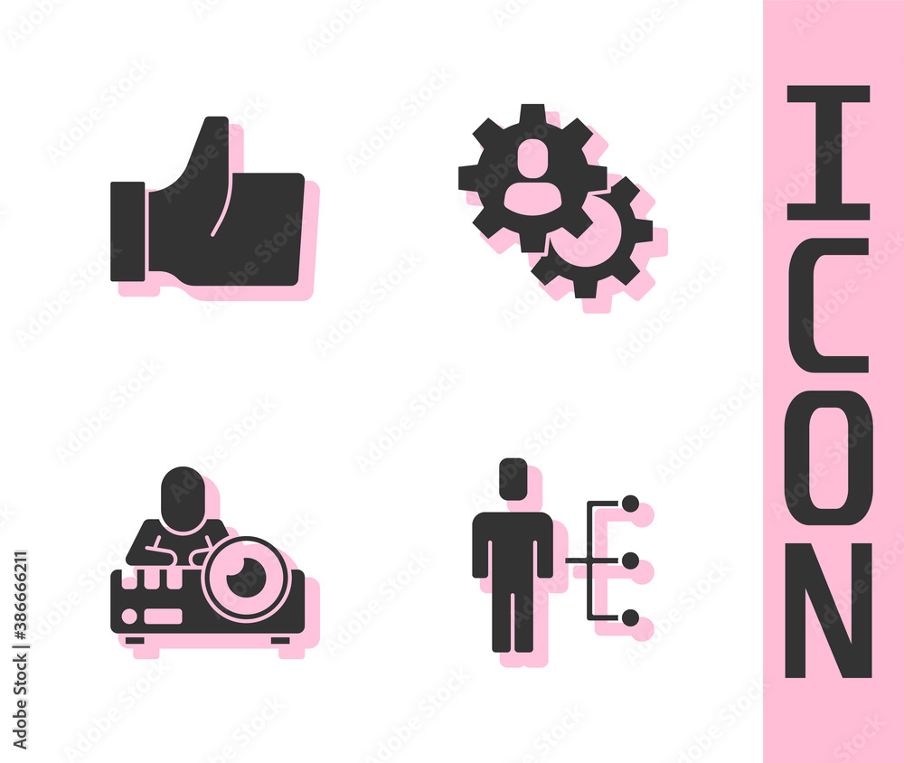 Set User of man in business suit, Hand like, Media projector and Head hunting icon. Vector.