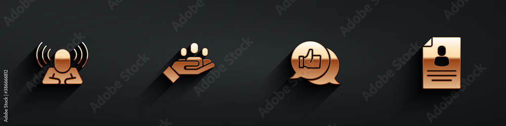 Set Head hunting, Hand for search people, like and Resume icon with long shadow. Vector.