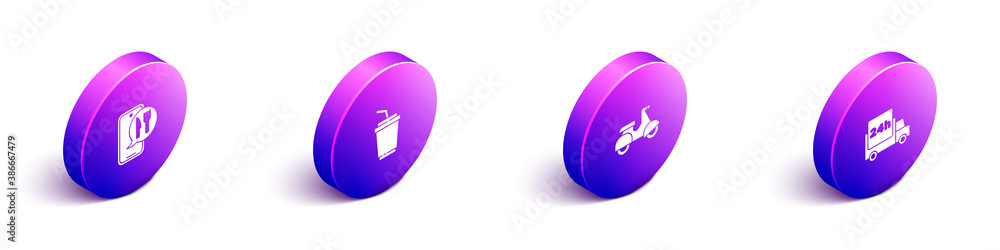 Set Isometric Online ordering and delivery, Paper glass with water, Scooter and Fast by car icon. Ve