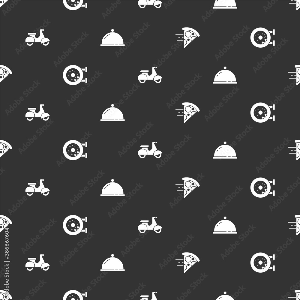 Set Online ordering pizza delivery, Donut, Scooter and Covered with tray of food on seamless pattern