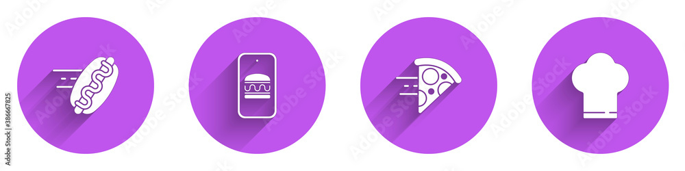 Set Online ordering hotdog, and delivery, pizza and Chef hat icon with long shadow. Vector.