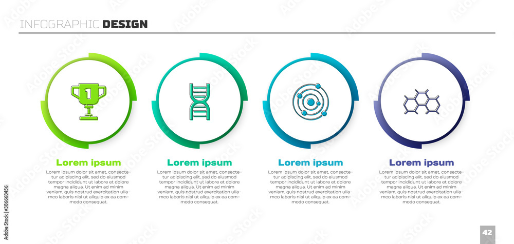 Set Award cup, DNA symbol, Solar system and Chemical formula. Business infographic template. Vector.